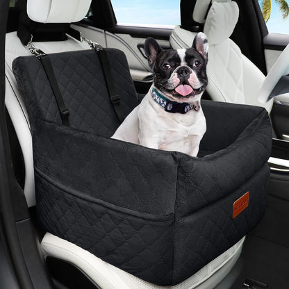 Dog Car Seat for Small Medium Dogs, Memory Foam Puppy Dog Booster Seat with Thick Cushion for Dogs under 35Lbs, Detachable Washable Pet Car Seat Travel Bed with Storage Pockets,2 Safety Belts