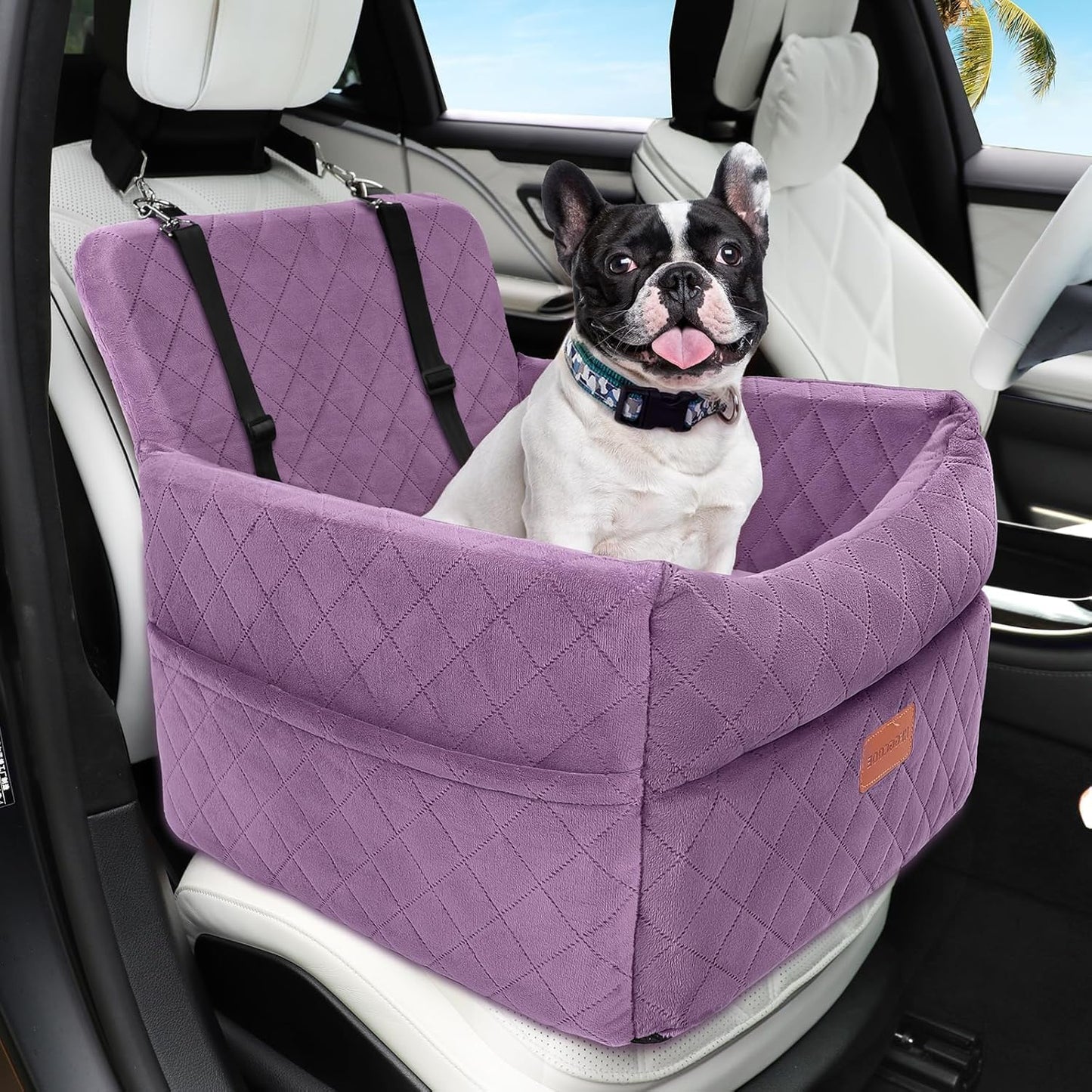 Dog Car Seat for Small Medium Dogs, Memory Foam Puppy Dog Booster Seat with Thick Cushion for Dogs under 35Lbs, Detachable Washable Pet Car Seat Travel Bed with Storage Pockets,2 Safety Belts