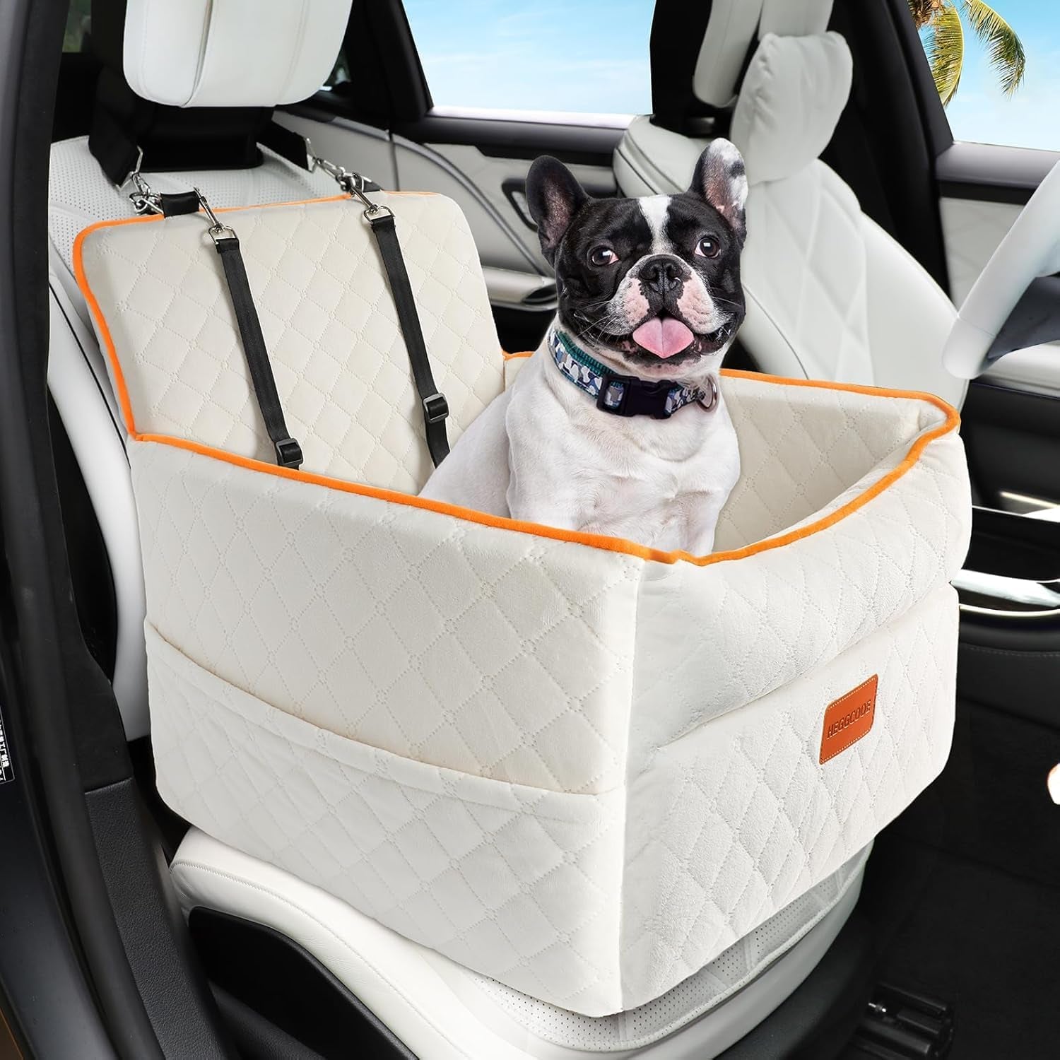 Dog Car Seat for Small Medium Dogs, Memory Foam Puppy Dog Booster Seat with Thick Cushion for Dogs under 35Lbs, Detachable Washable Pet Car Seat Travel Bed with Storage Pockets,2 Safety Belts