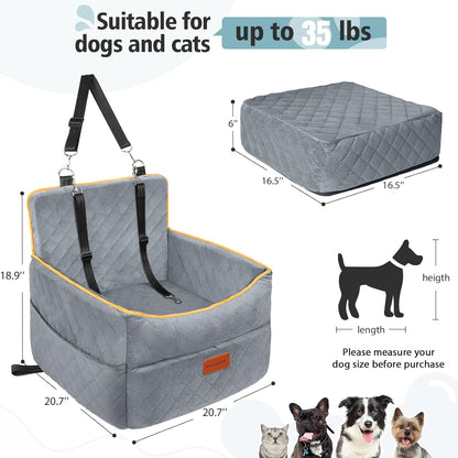 Dog Car Seat for Small Medium Dogs, Memory Foam Puppy Dog Booster Seat with Thick Cushion for Dogs under 35Lbs, Detachable Washable Pet Car Seat Travel Bed with Storage Pockets,2 Safety Belts