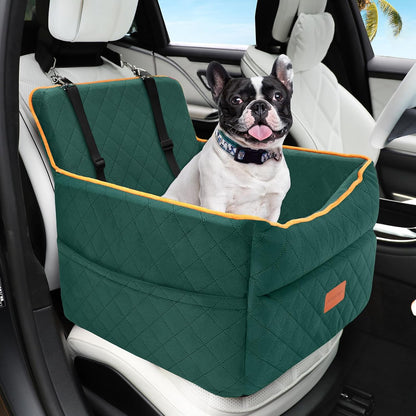 Dog Car Seat for Small Medium Dogs, Memory Foam Puppy Dog Booster Seat with Thick Cushion for Dogs under 35Lbs, Detachable Washable Pet Car Seat Travel Bed with Storage Pockets,2 Safety Belts
