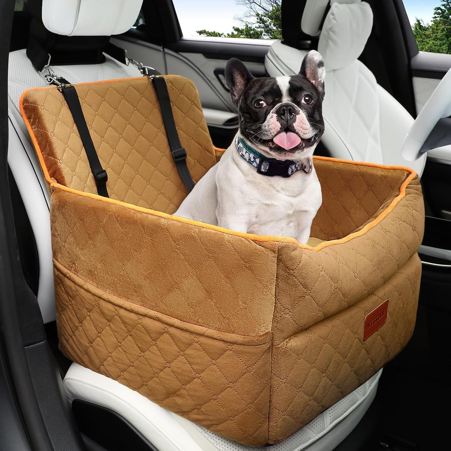 Dog Car Seat for Small Medium Dogs, Memory Foam Puppy Dog Booster Seat with Thick Cushion for Dogs under 35Lbs, Detachable Washable Pet Car Seat Travel Bed with Storage Pockets,2 Safety Belts